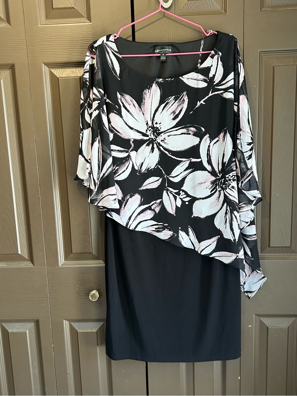 Connected Apparel Black Dress with Light Pink & White Floral Overlay